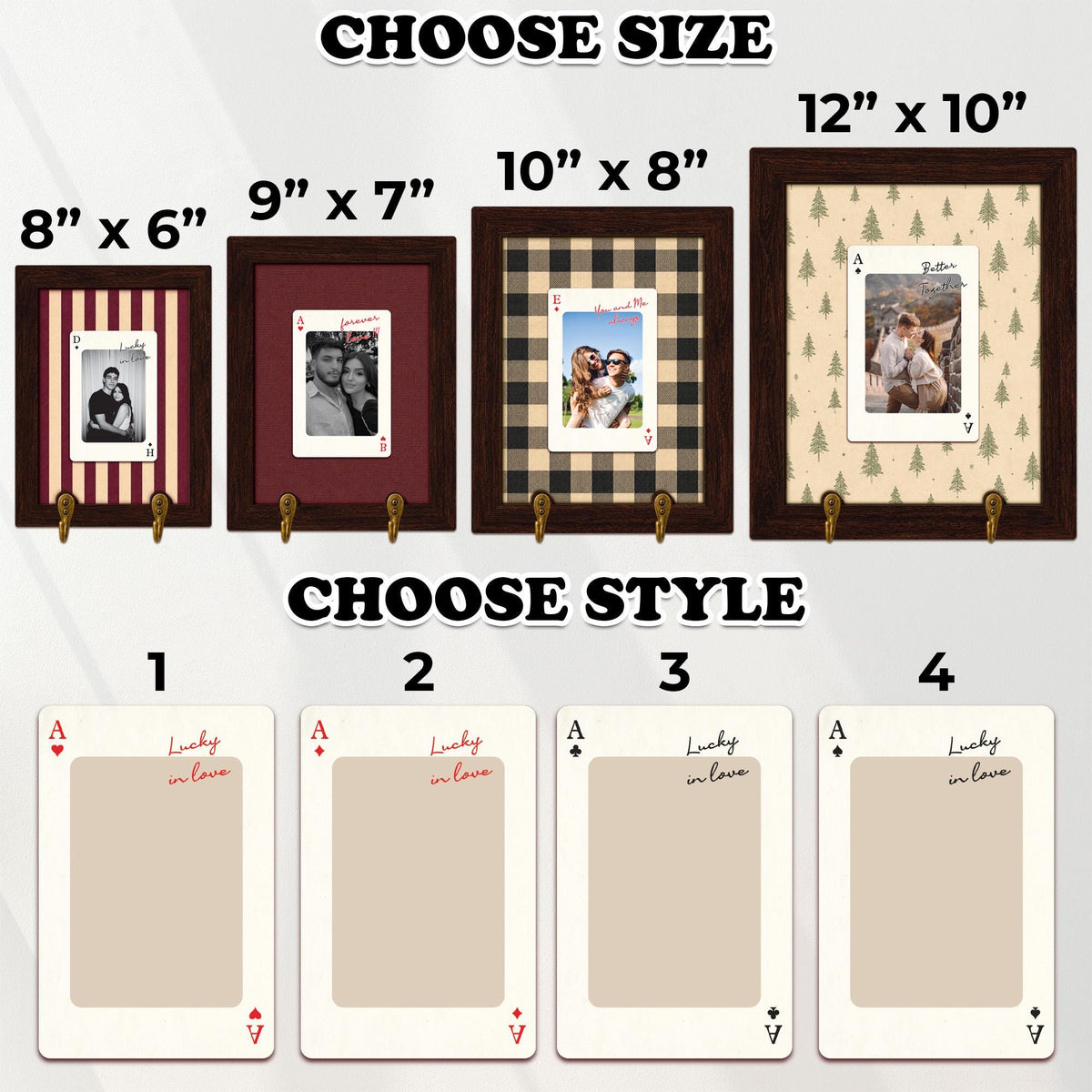 Size chart 8x6, 9x7, 10x8 and 12x10 inches and card styles 1 to 4: hearts, diamonds, clubs and spades