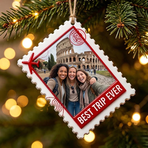 Custom photo postage stamp ornament with three friends in Rome and Best Trip Ever on a Christmas tree