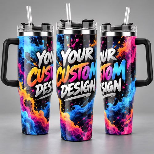40oz handle tumblers with a colorful full wrap custom design