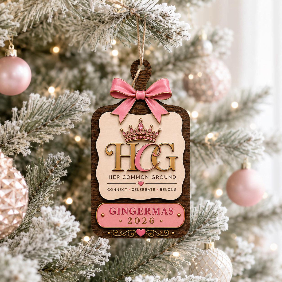 Pink bow tag wooden ornament with custom logo and year hanging on a frosted tree