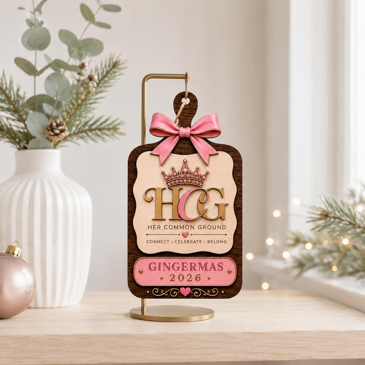 Pink bow tag ornament with custom name and year on a gold ornament stand