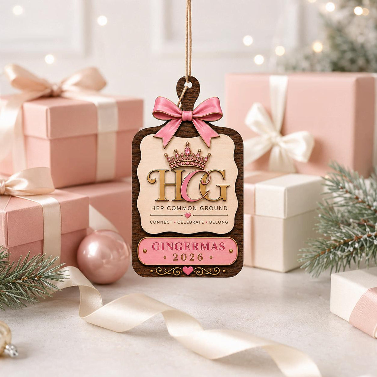 Personalized pink bow tag ornament with logo hanging beside pink wrapped gifts