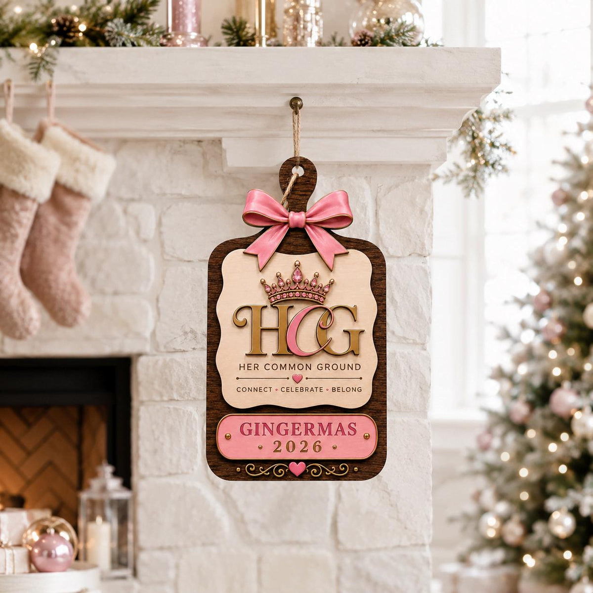 Custom logo pink bow wooden ornament hanging on a white fireplace mantel