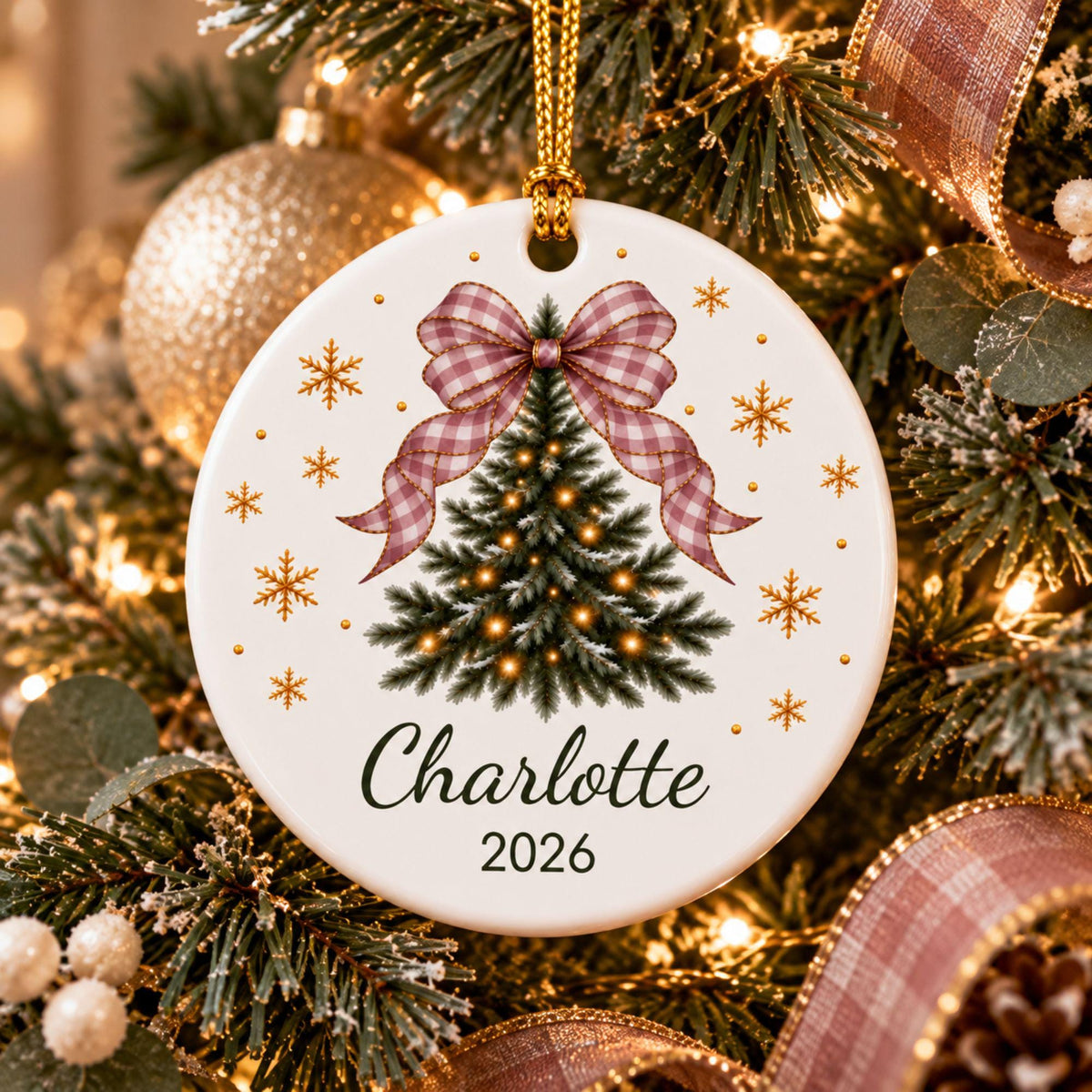 Heather pink bow tree ornament personalized with Charlotte 2026