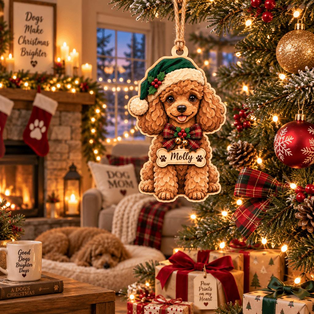 Poodle Santa hat wooden ornament with custom dog name hanging in a cozy living room