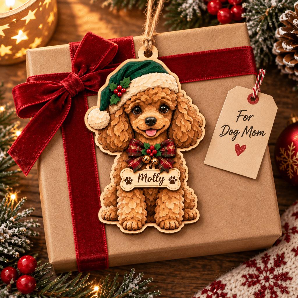 Personalized poodle wooden ornament on a wrapped gift with a For Dog Mom tag
