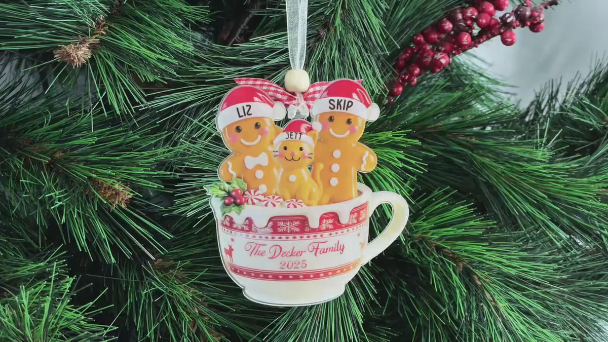 Personalized Gingerbread Family Ornament with Pets, Gingerbread House with Names, Family Name and Year