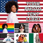 Custom photo flag example on an American flag background, with more styles including pride, black and white American, Korea and Mexico flags