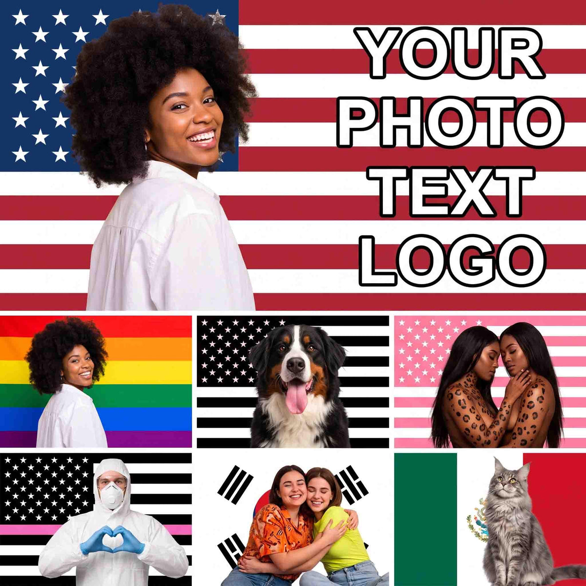 Custom photo flag example on an American flag background, with more styles including pride, black and white American, Korea and Mexico flags