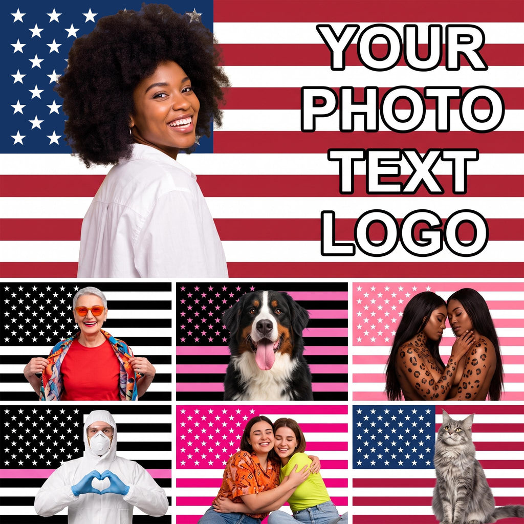 Custom photo flag example on an American flag background, with more styles including pink, black and white and classic American flags