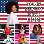 Custom photo flag example on an American flag background, with more styles including pink, black and white and classic American flags