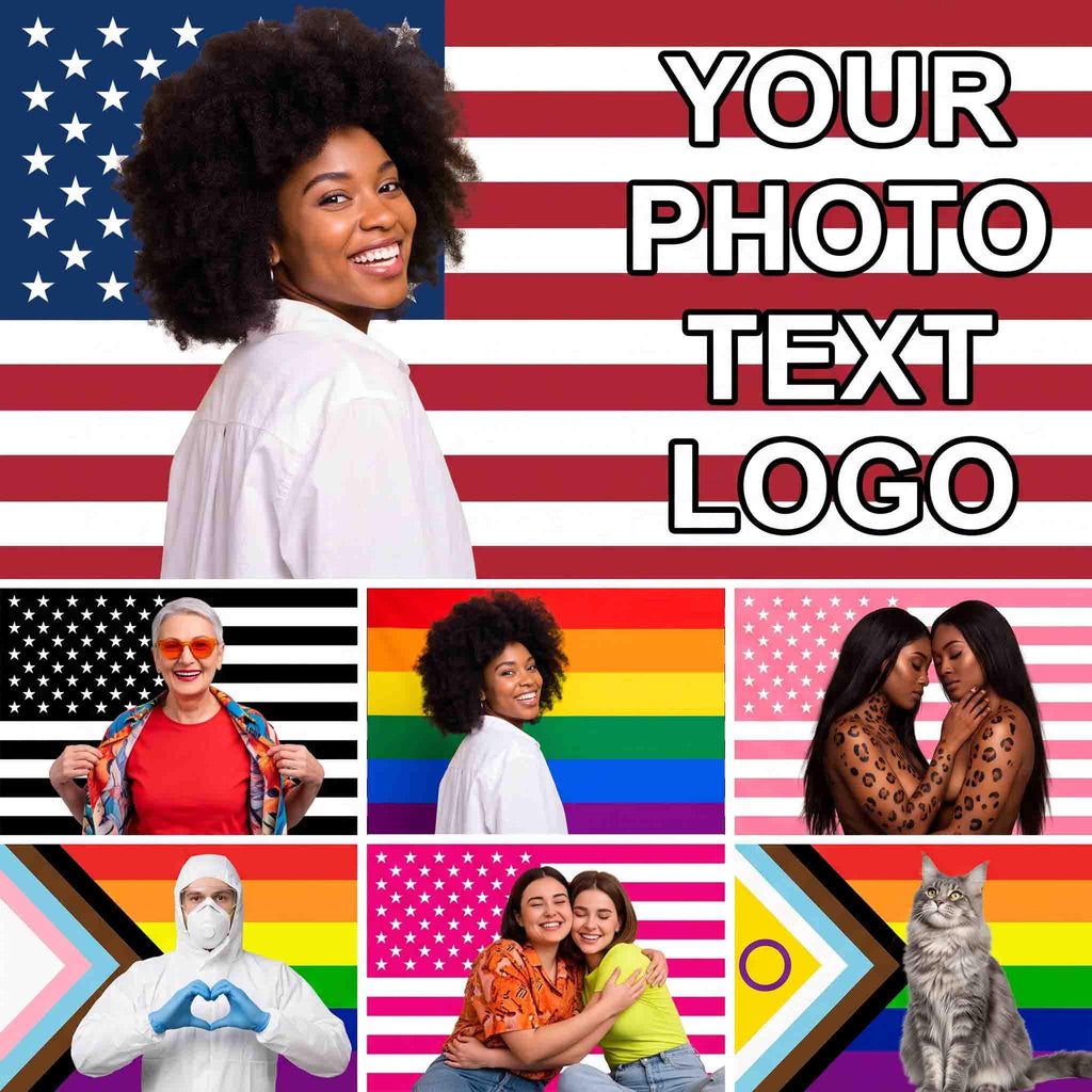 Custom photo flag example on an American flag background, with more styles including rainbow pride, progress pride, pink and black and white American flags
