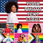 Custom photo flag example on an American flag background, with more styles including rainbow pride, progress pride, pink and black and white American flags