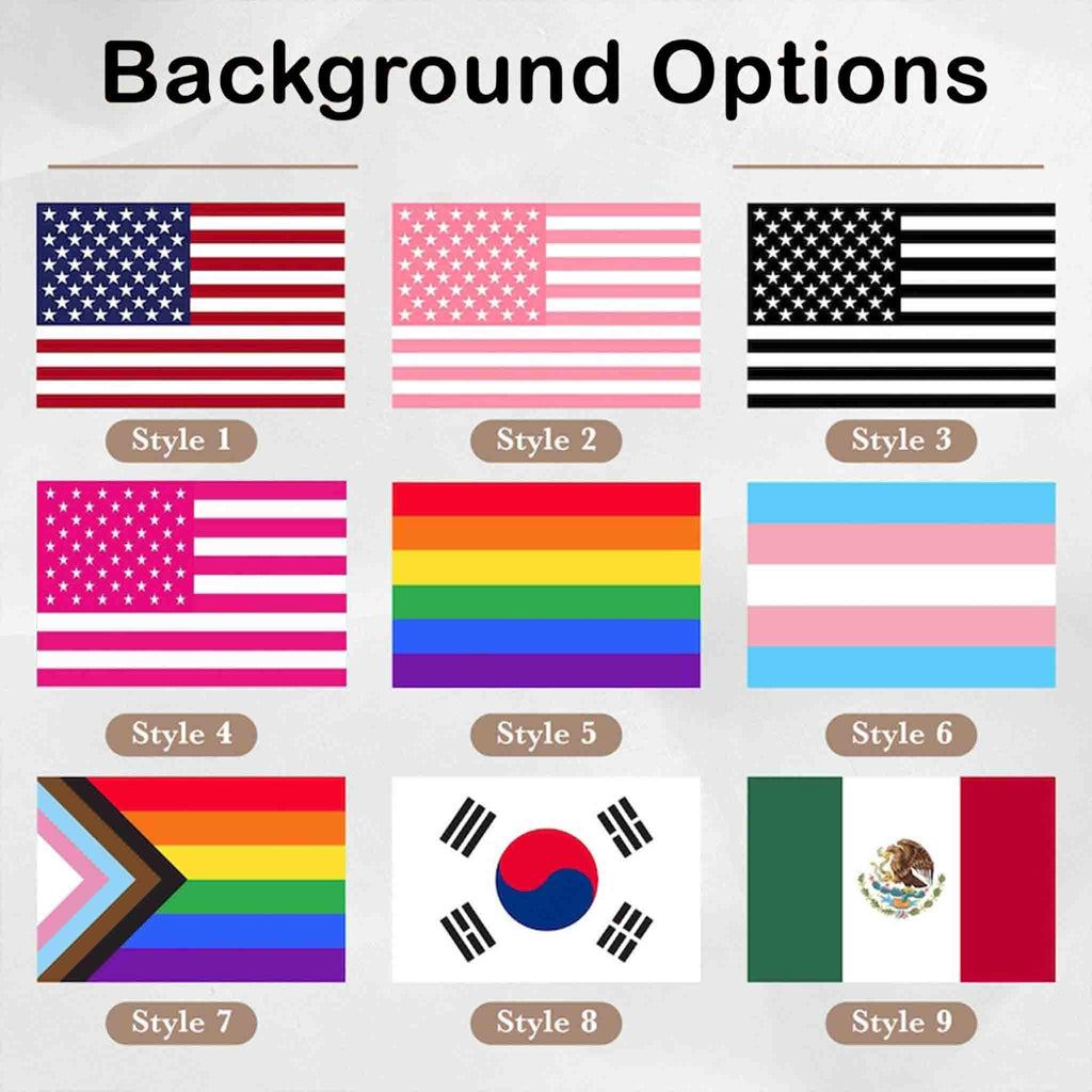 Background style chart for the custom photo flag, Styles 1 to 9, including American, rainbow, trans, progress pride, Korea and Mexico flags