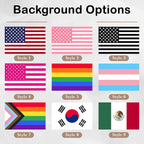 Background style chart for the custom photo flag, Styles 1 to 9, including American, rainbow, trans, progress pride, Korea and Mexico flags
