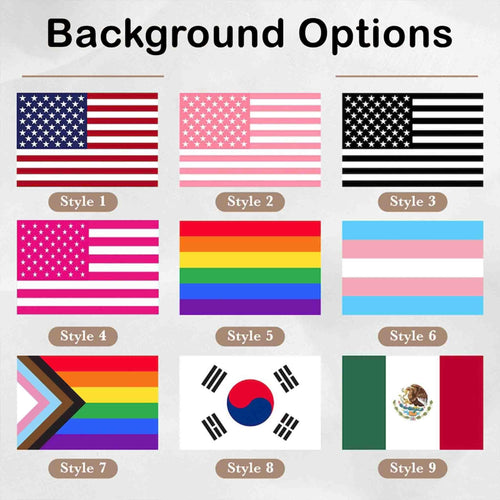 Background style chart for the custom photo flag, Styles 1 to 9, including American, rainbow, trans, progress pride, Korea and Mexico flags
