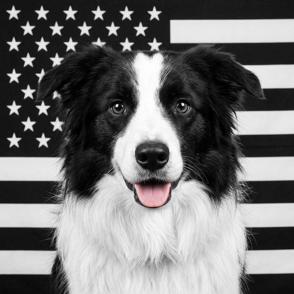 Custom photo flag with a border collie on a black and white American flag