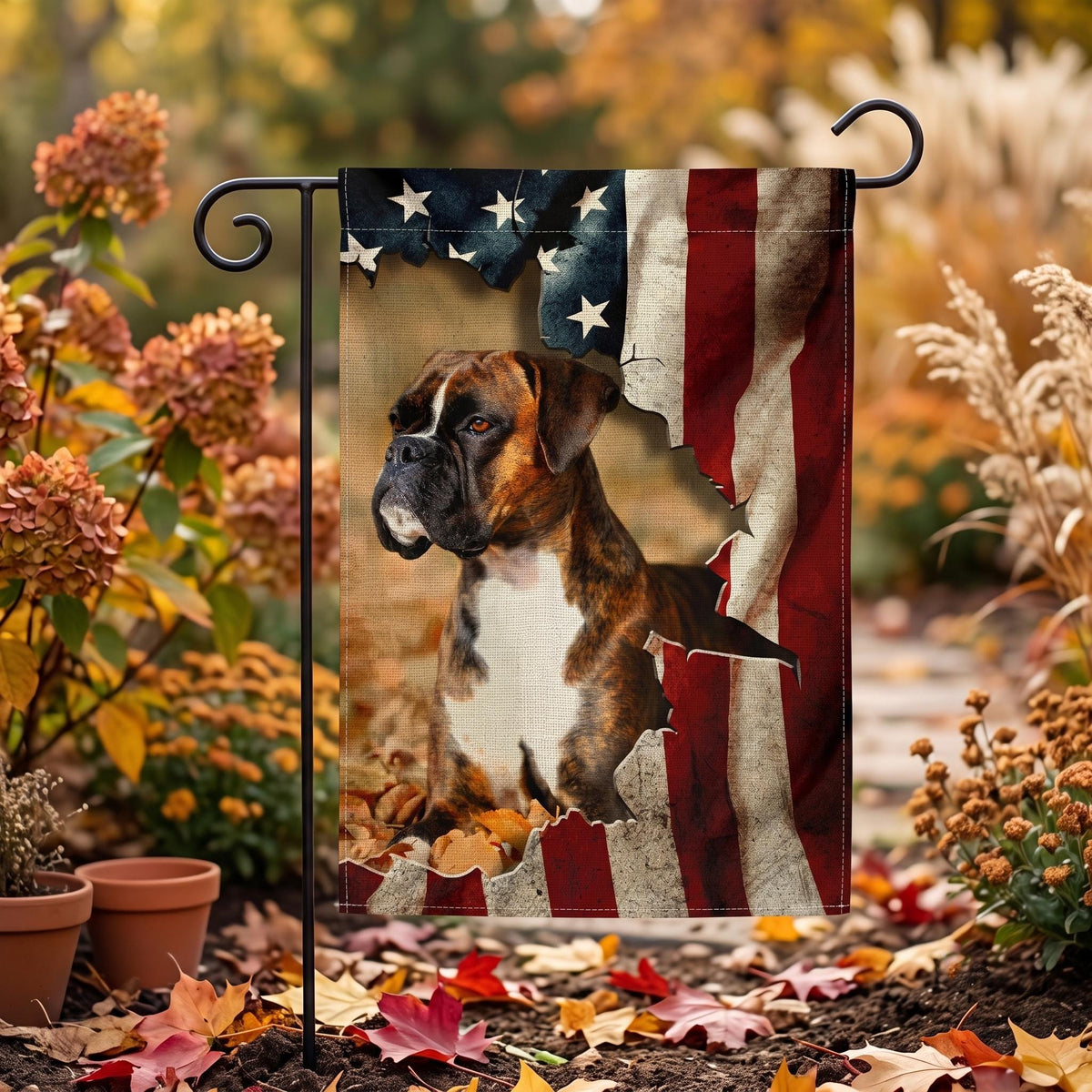 Custom photo flag with a boxer dog on a distressed American flag
