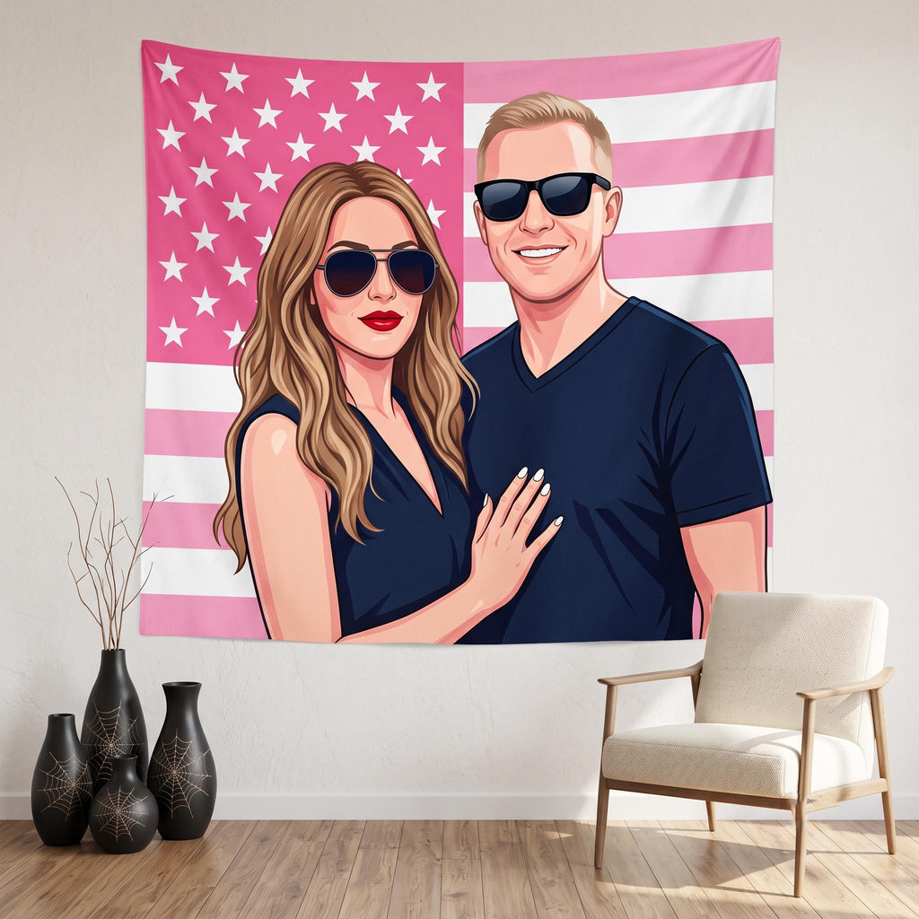 Custom photo flag with a couple portrait on a pink American flag background, hung on a wall