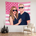 Custom photo flag with a couple portrait on a pink American flag background, hung on a wall