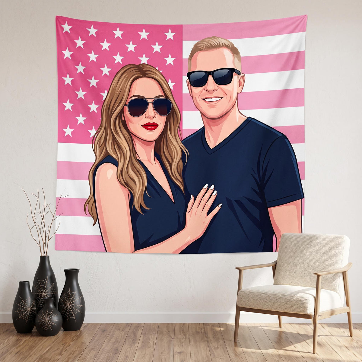 Custom photo flag with a couple portrait on a pink American flag background, hung on a wall