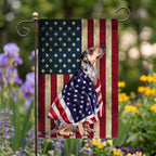 Custom garden flag with a dog photo on an American flag background
