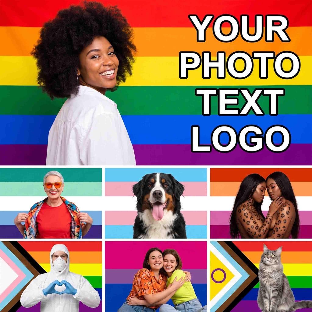 Custom pride flag example with your photo, text and logo on a rainbow background