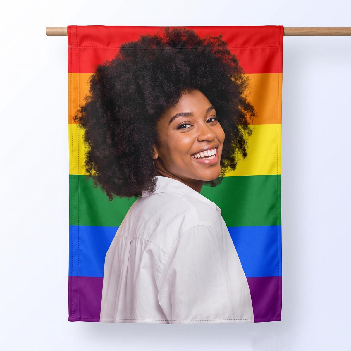 Custom rainbow pride flag printed with a woman's portrait photo