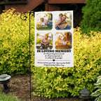 Example of a photo collage memorial flag for Dad with four photos, shown in a garden