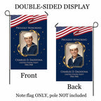 Proudly Honoring military veteran photo memorial garden flag with American flag banner shown front and back to display the double-sided print, flag only
