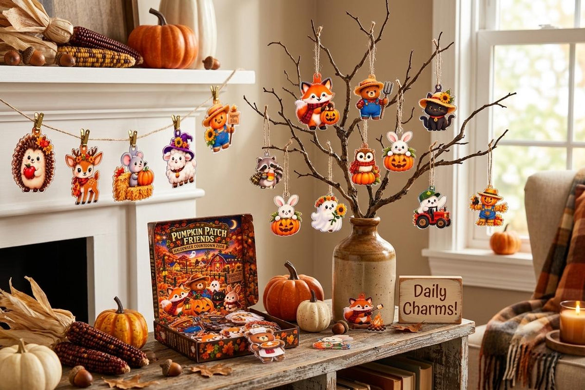 Fox, bunny and owl pieces on a bare branch and mantel garland beside an open box, pumpkins and corn