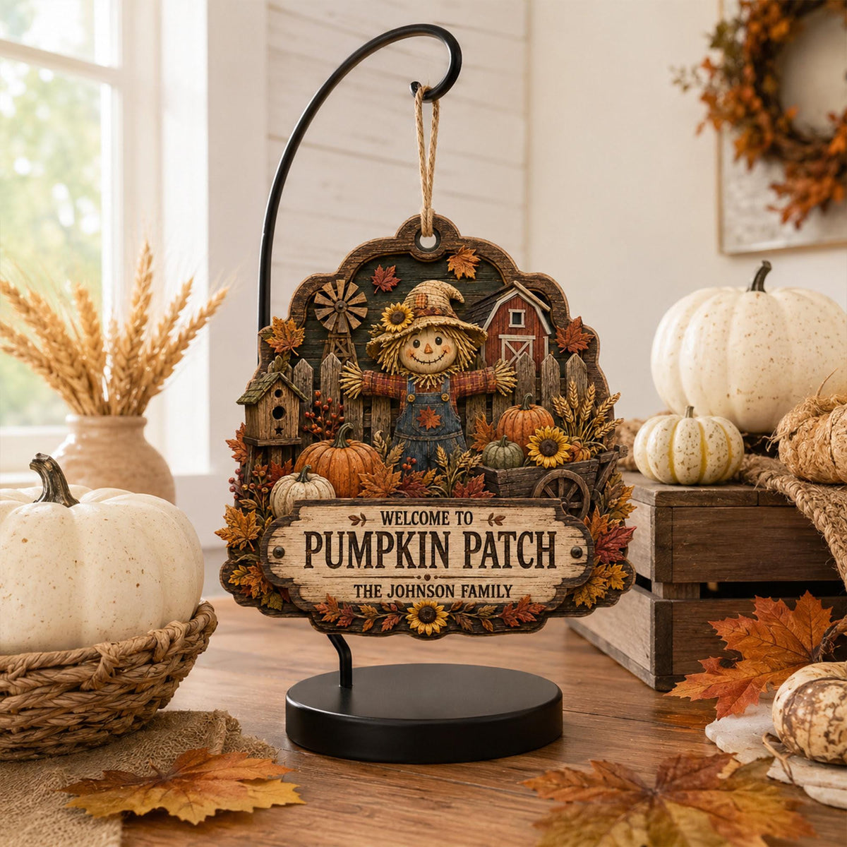 Welcome to Pumpkin Patch scarecrow ornament with family name among white pumpkins