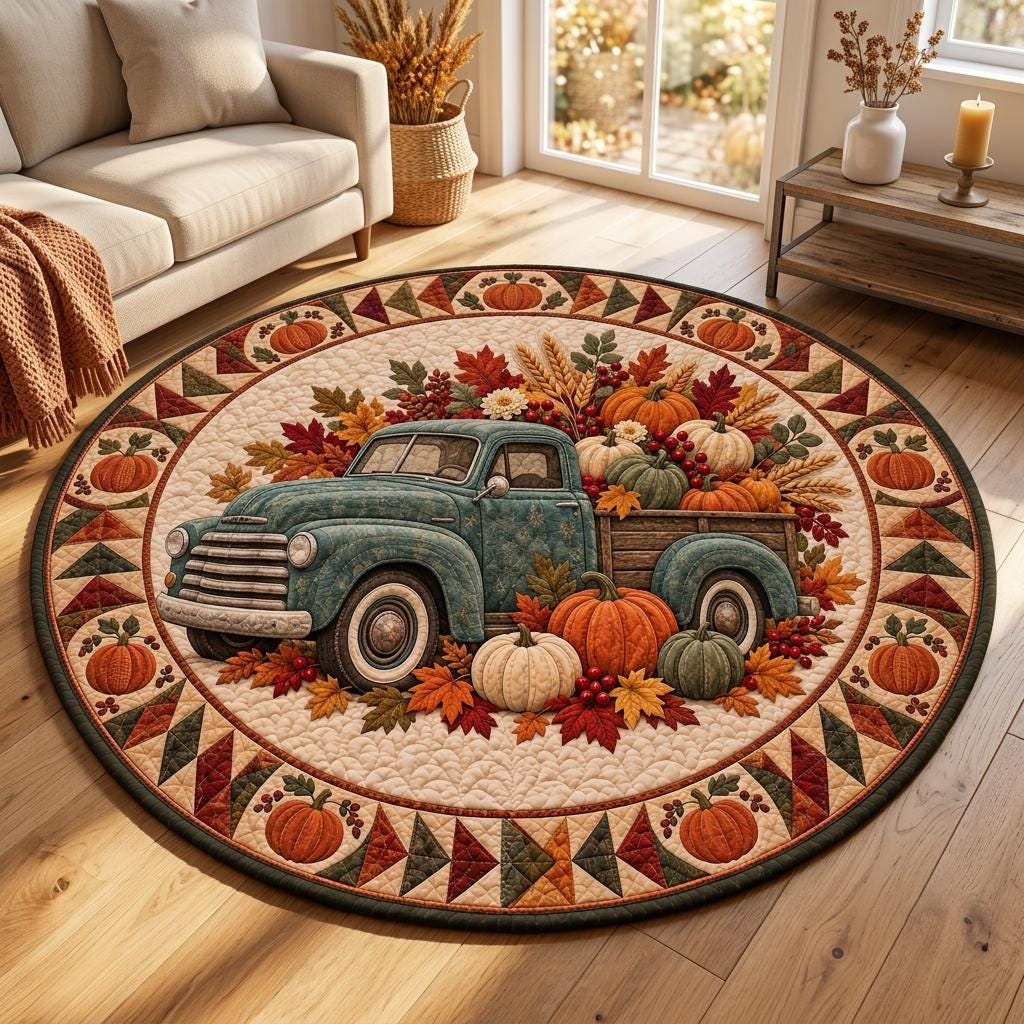Pumpkin truck harvest round rug on a light oak floor in a sunny room with a cream sofa and dried wheat