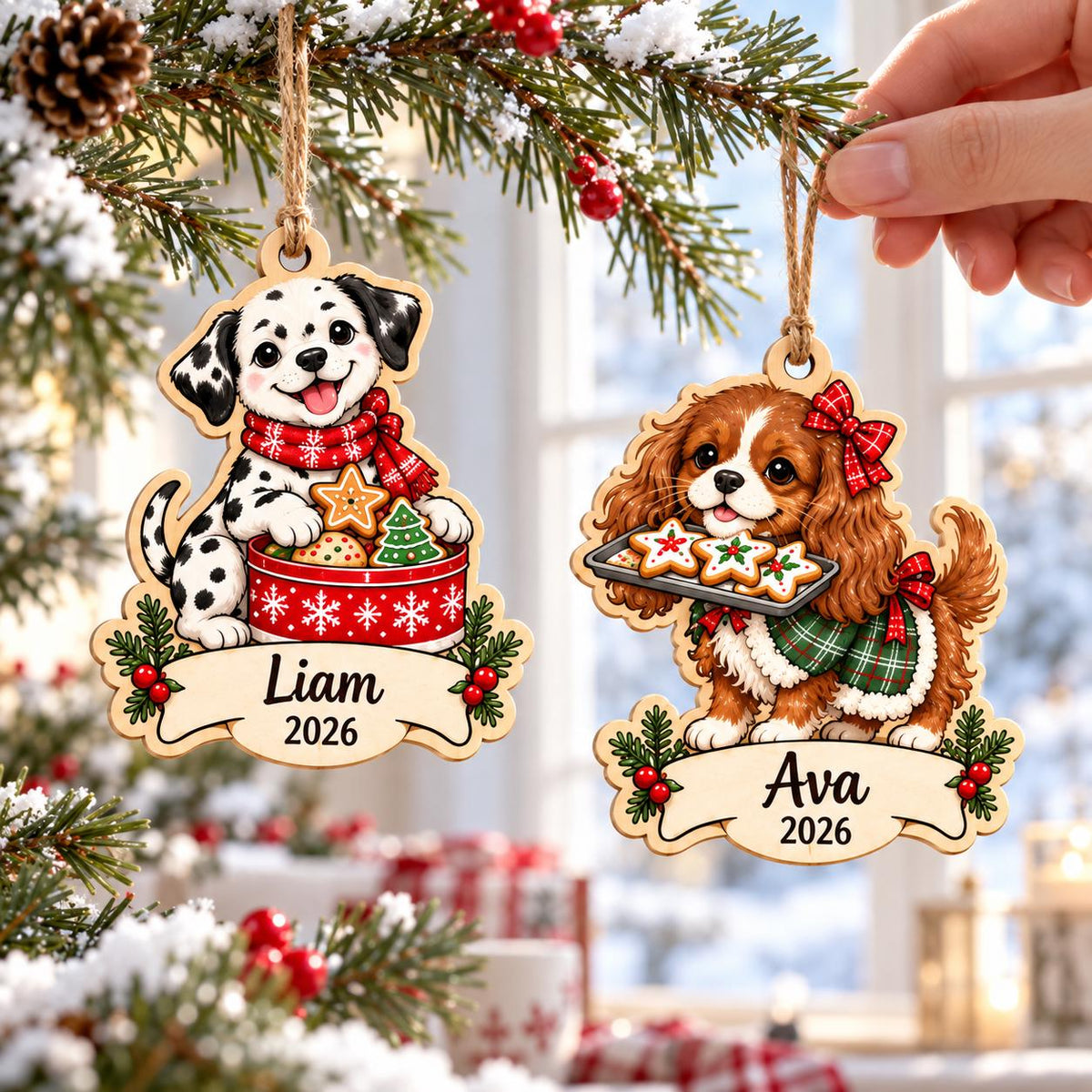 Dalmatian and cavalier puppy Christmas wooden ornaments with names Liam and Ava
