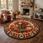 Rain boots harvest rug in a farmhouse room with a stone fireplace, white armchair and barn decor