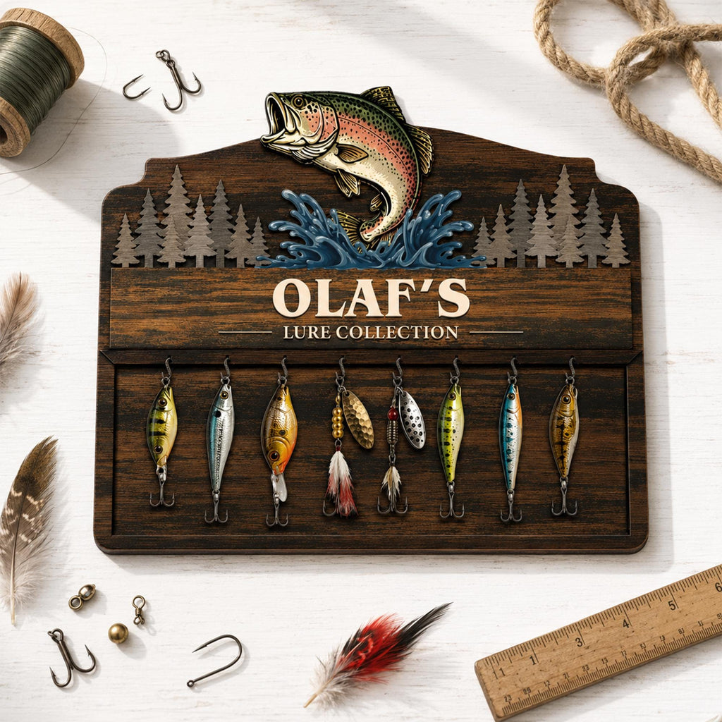 Rainbow trout lure holder with Olaf's Lure Collection and one row of lures