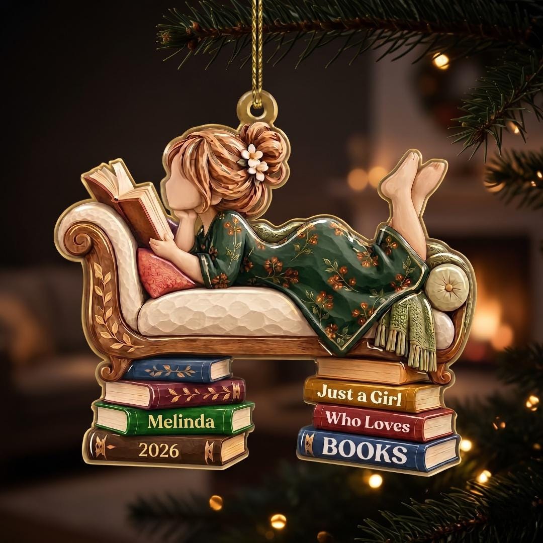 Personalized reader ornament with a fireplace in the background