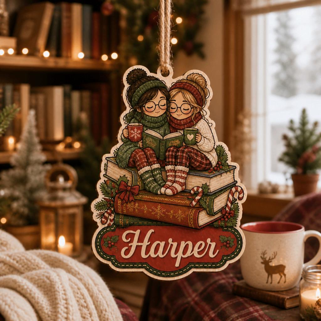 Personalized reading buddies wooden ornament hanging in a cozy home library with mug