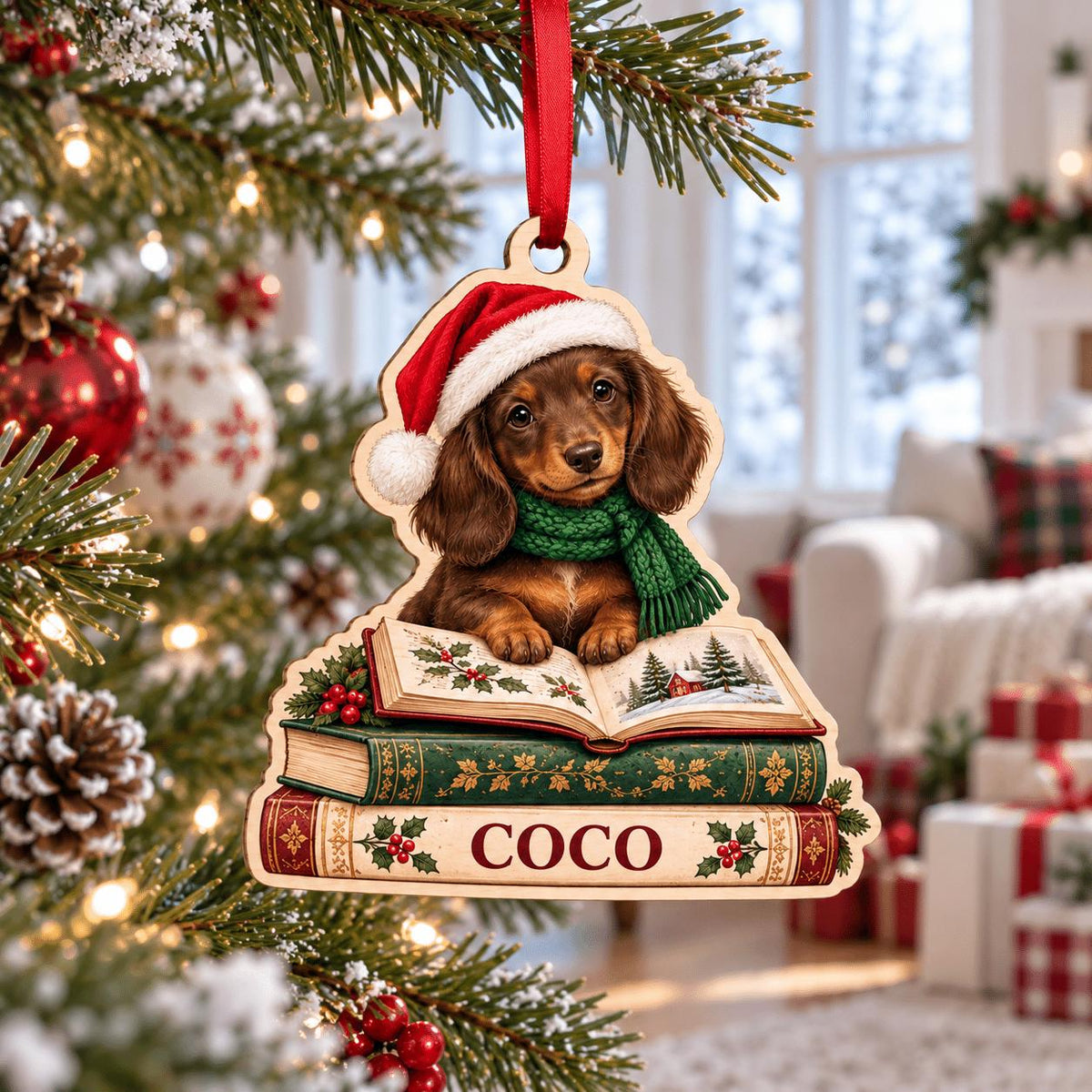 Reading Dachshund book stack wooden ornament with name on a Christmas tree