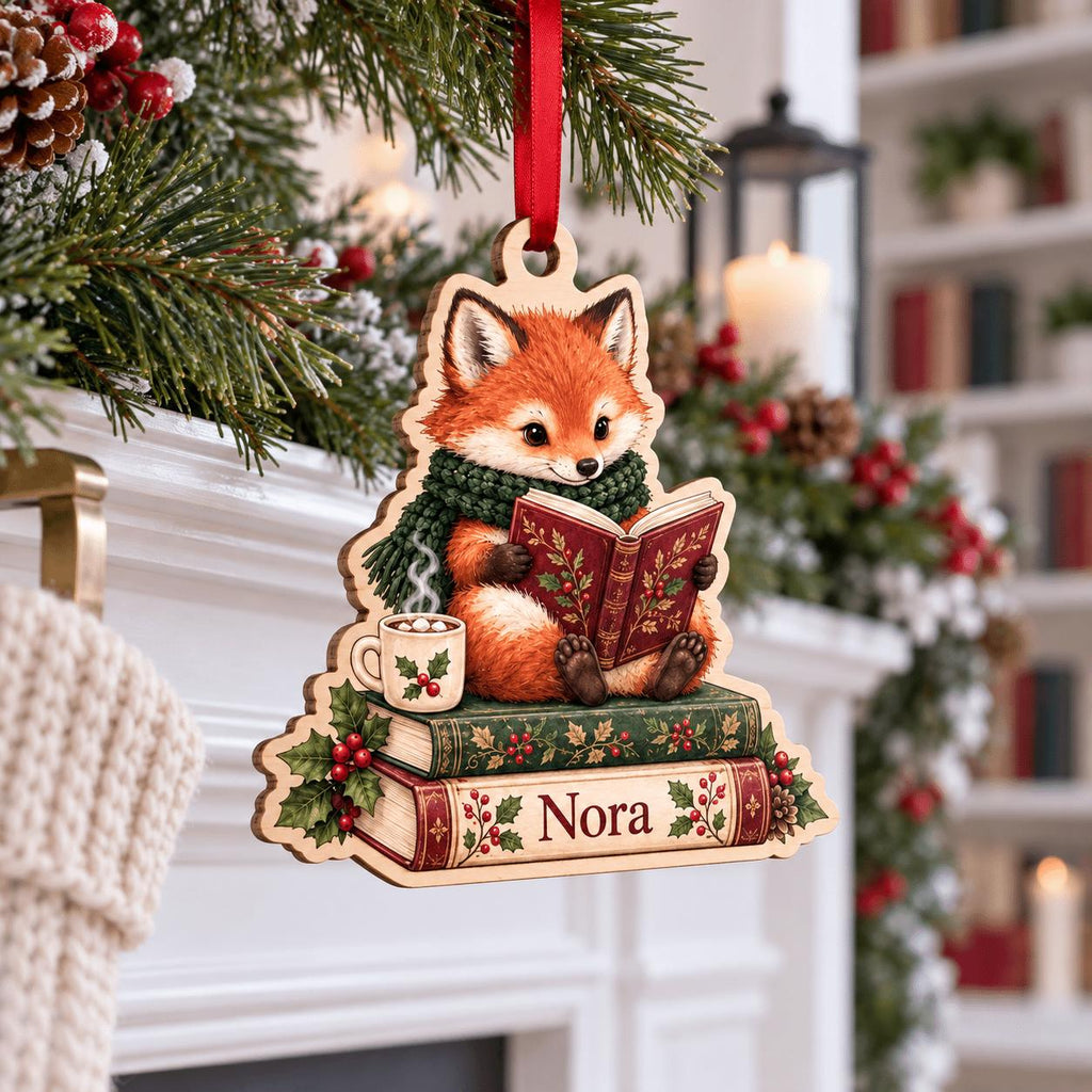 Personalized fox reading a book ornament hanging by a white fireplace mantel