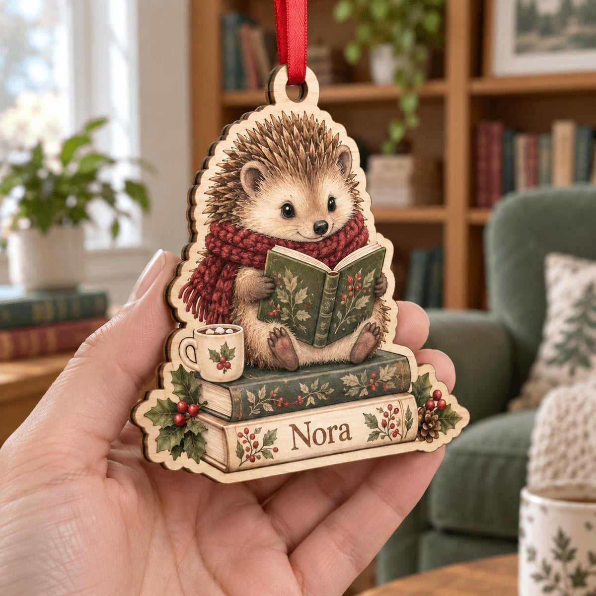 Personalized hedgehog reading a book wooden ornament held in a cozy reading nook