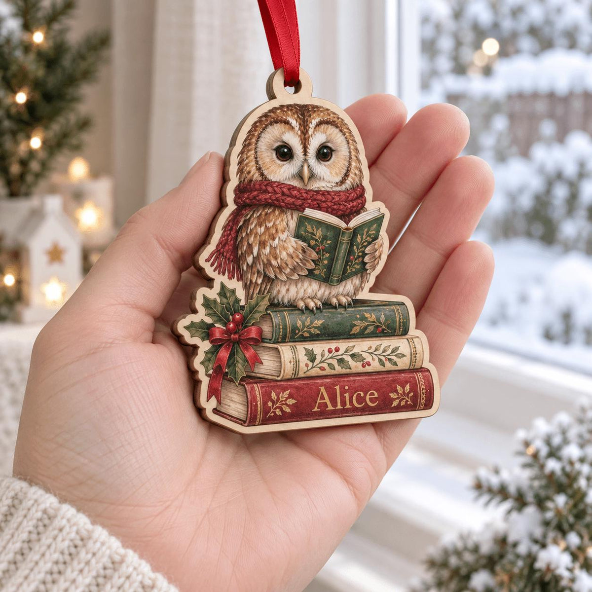 Hand holding a book lover owl ornament with name on stacked books by a window