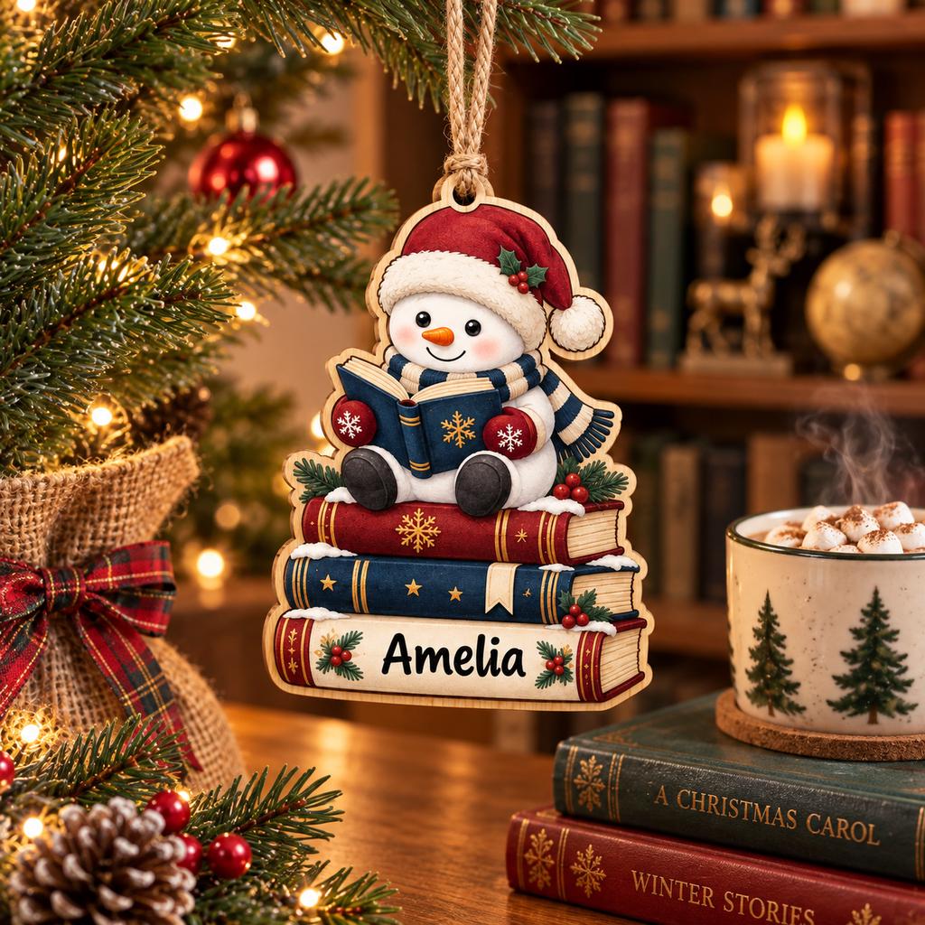 Reading snowman book lover wooden ornament with name Amelia by a bookshelf and cocoa