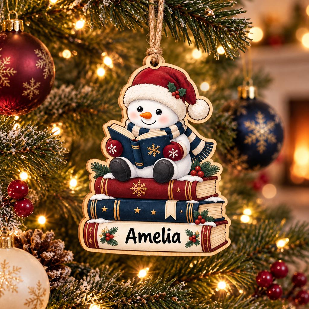 Snowman reading a book on a stack of books wooden ornament on a Christmas tree