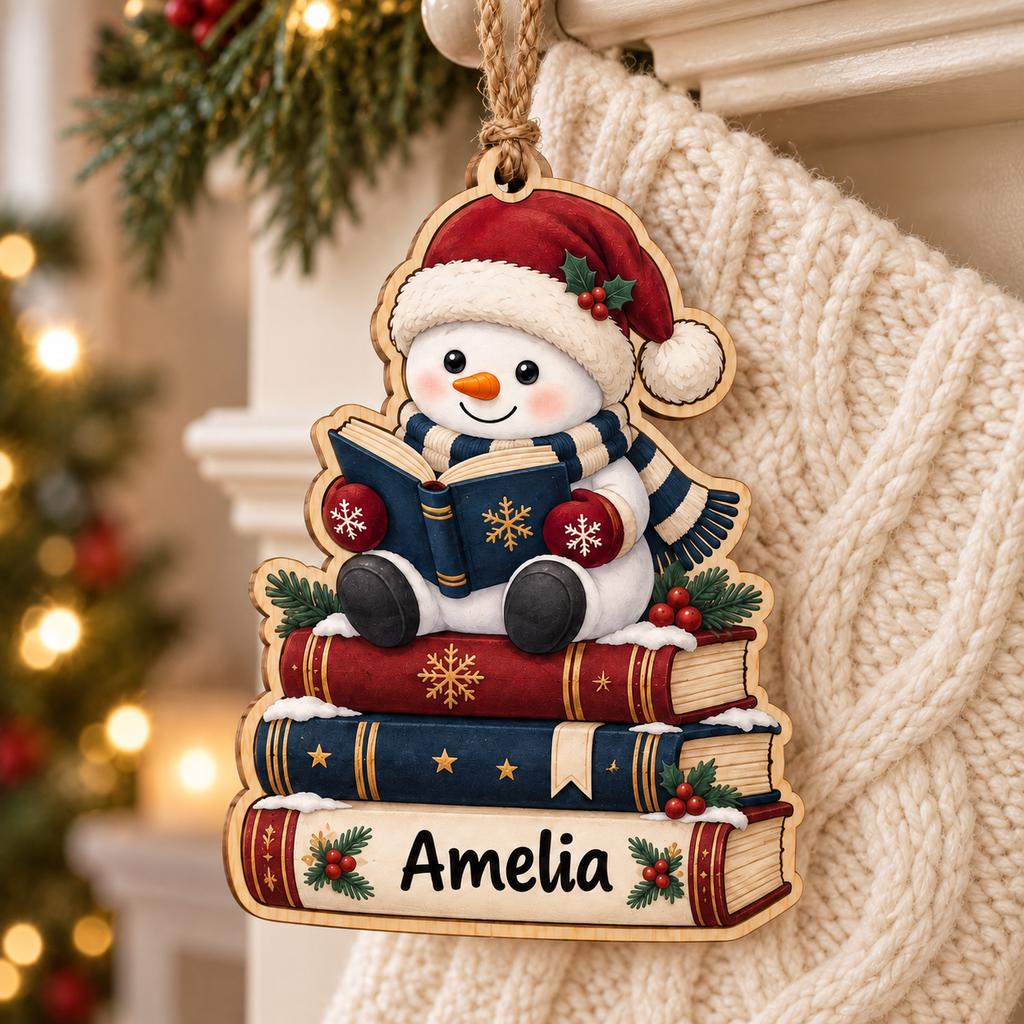 Personalized reading snowman ornament on a book stack with name hanging by a knit stocking