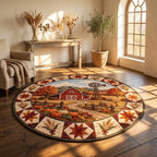 Farmhouse red barn harvest rug in a sunlit entry with a rustic console, dried wheat and a potted olive tree