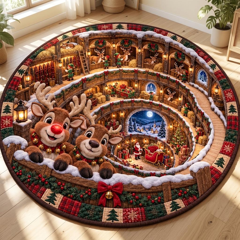 Red-nosed reindeer round quilted rug with Santa's stable spiral on a light wood floor in a sunny room