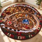 Red-nosed reindeer round quilted rug with Santa's stable spiral on a light wood floor in a sunny room