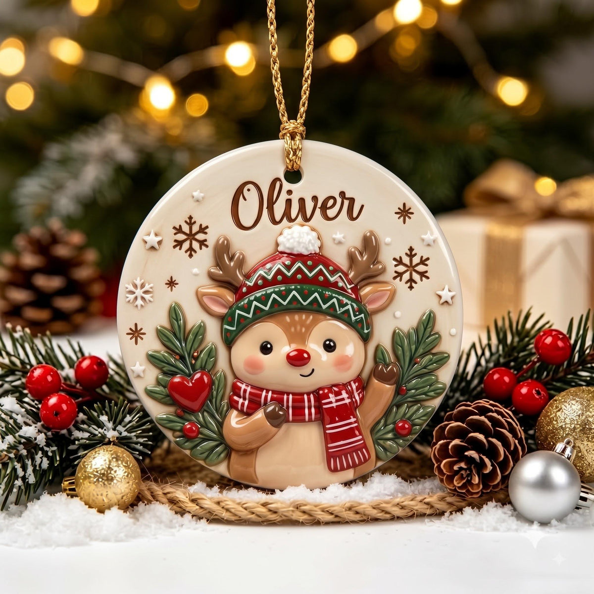 Reindeer in a knit hat kids name ornament personalized with Oliver