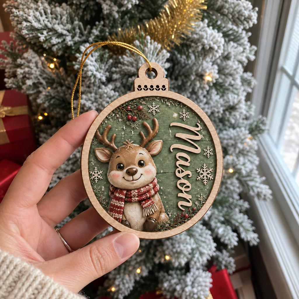 Cute reindeer name ornament held in front of a frosted Christmas tree by window